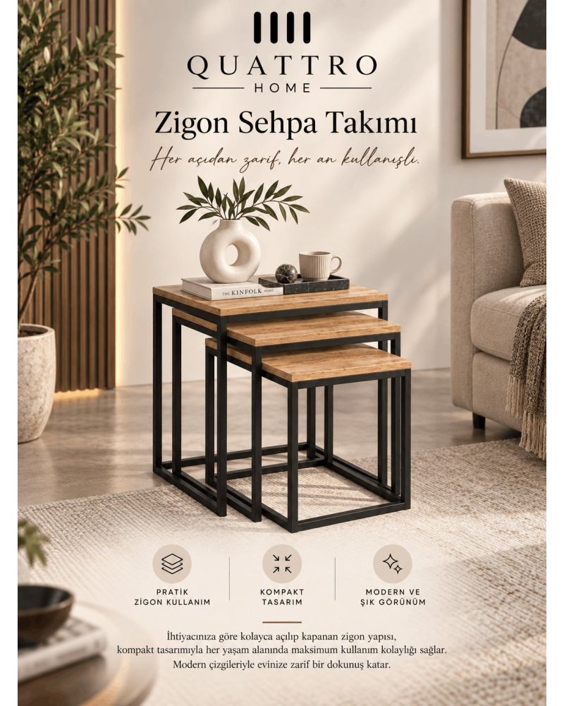 Küp Zigon Sehpa Seti Kahverengi 3'lü