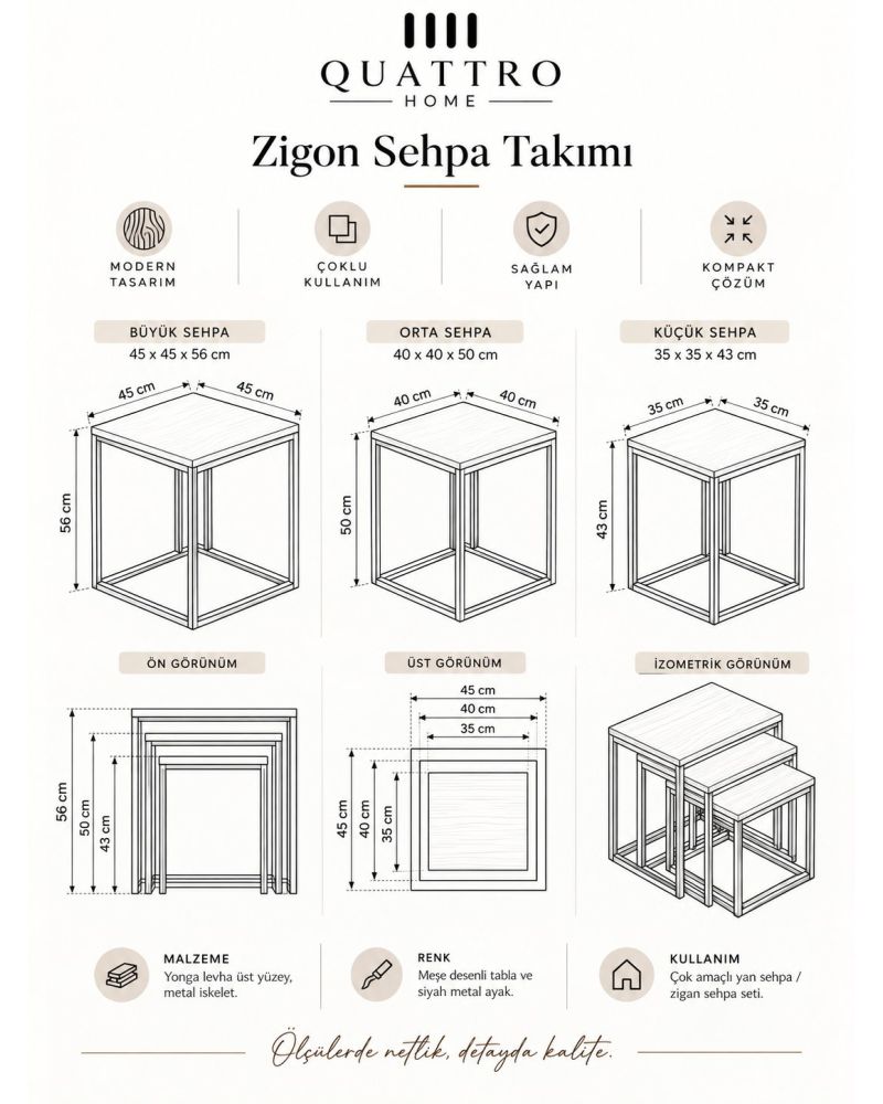 Küp Zigon Sehpa Seti Kahverengi 3'lü