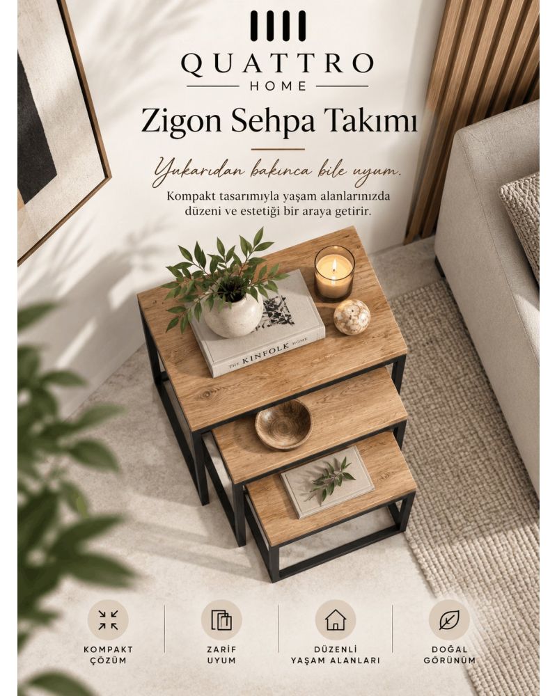 Küp Zigon Sehpa Seti Kahverengi 3'lü