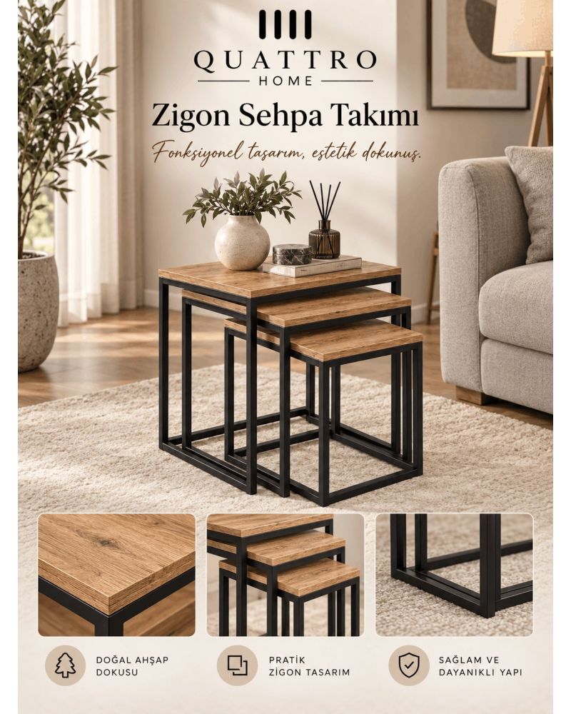 Küp Zigon Sehpa Seti Kahverengi 3'lü