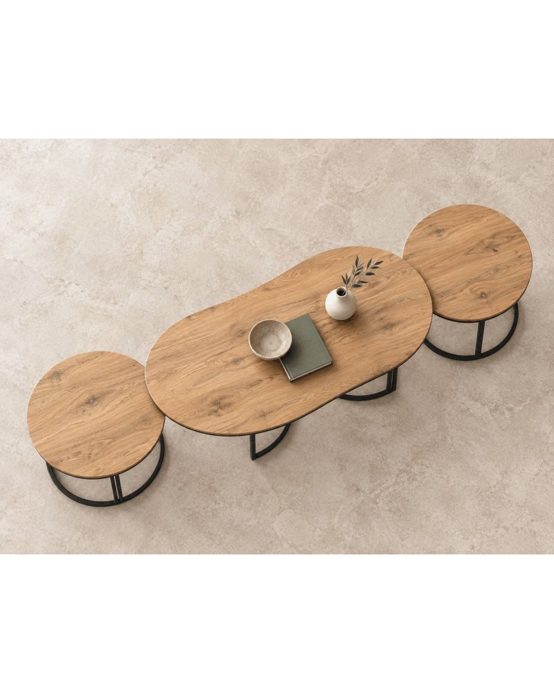 Ceviz Desenli 3'lü Oval Sehpa Seti Metal Ayaklı