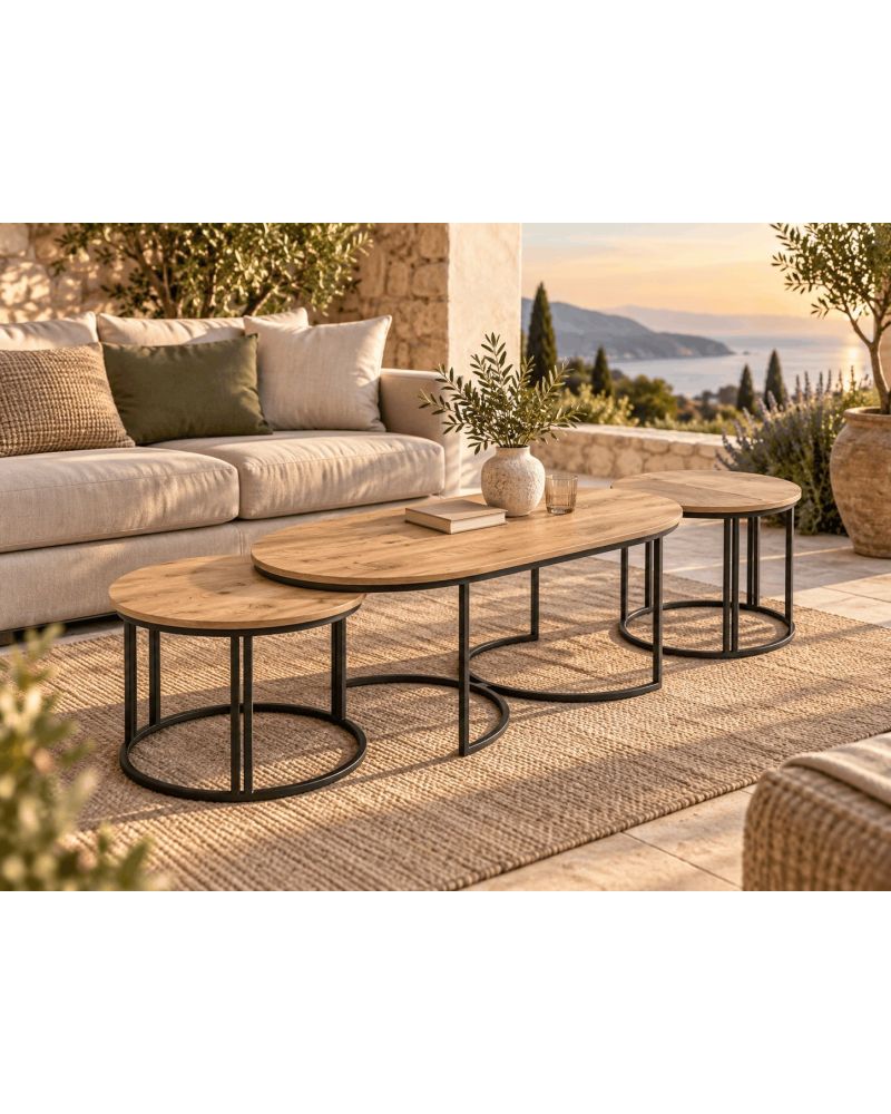 Ceviz Desenli 3'lü Oval Sehpa Seti Metal Ayaklı