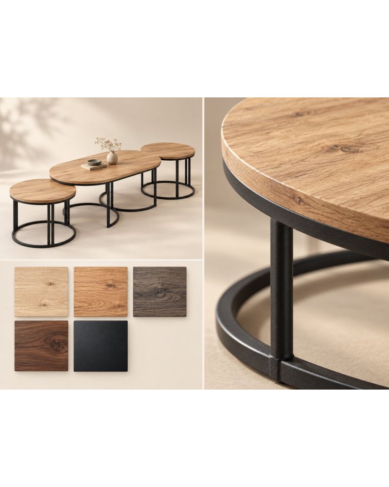Ceviz Desenli 3'lü Oval Sehpa Seti Metal Ayaklı