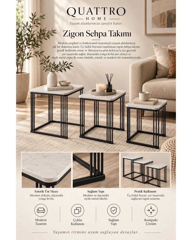 Beyaz Mermer Desenli 3'lü Kare Zigon Sehpa Seti