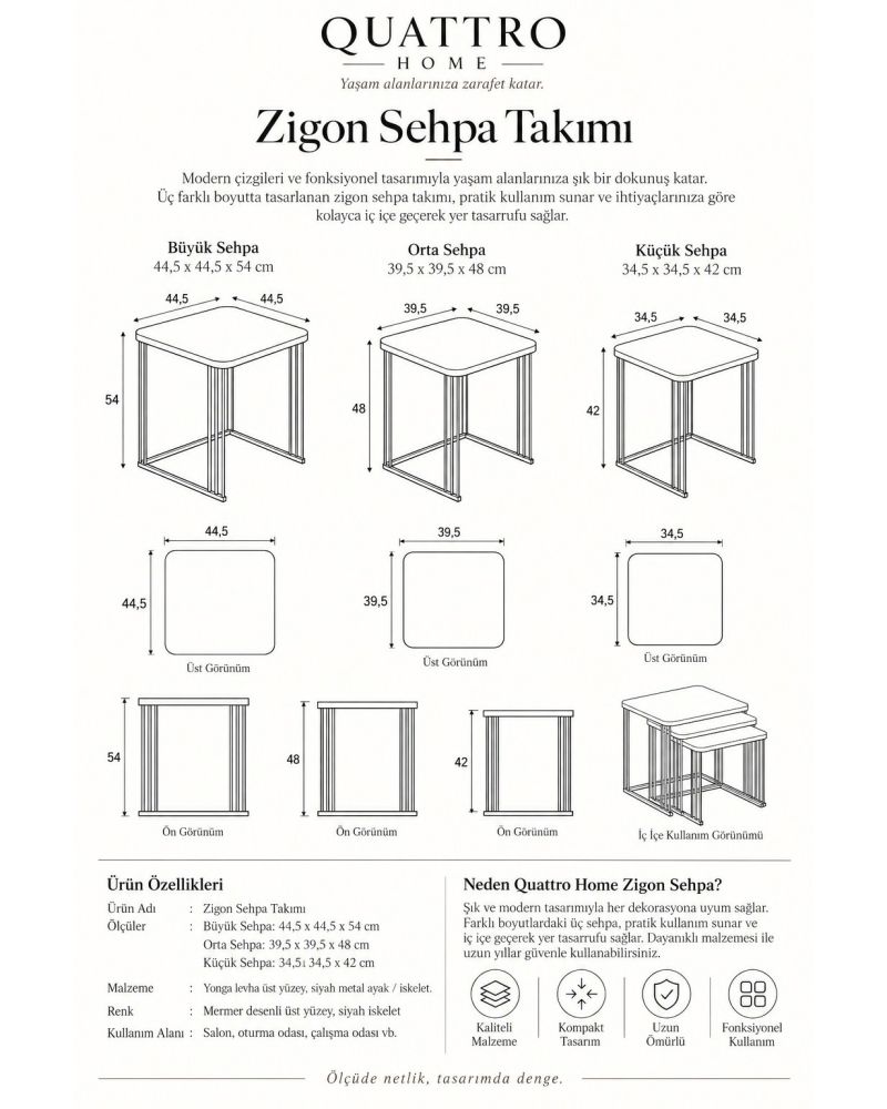 Beyaz Mermer Desenli 3'lü Kare Zigon Sehpa Seti