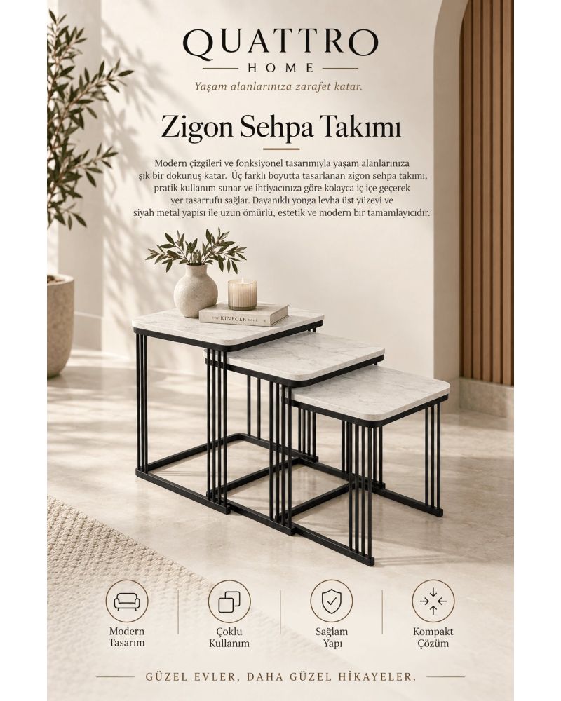 Beyaz Mermer Desenli 3'lü Kare Zigon Sehpa Seti