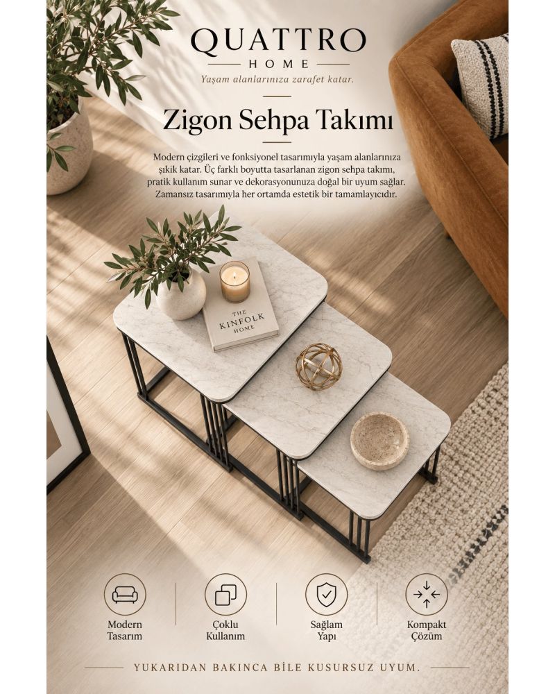 Beyaz Mermer Desenli 3'lü Kare Zigon Sehpa Seti