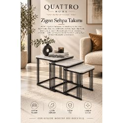 Beyaz Mermer Desenli 3'lü Kare Zigon Sehpa Seti