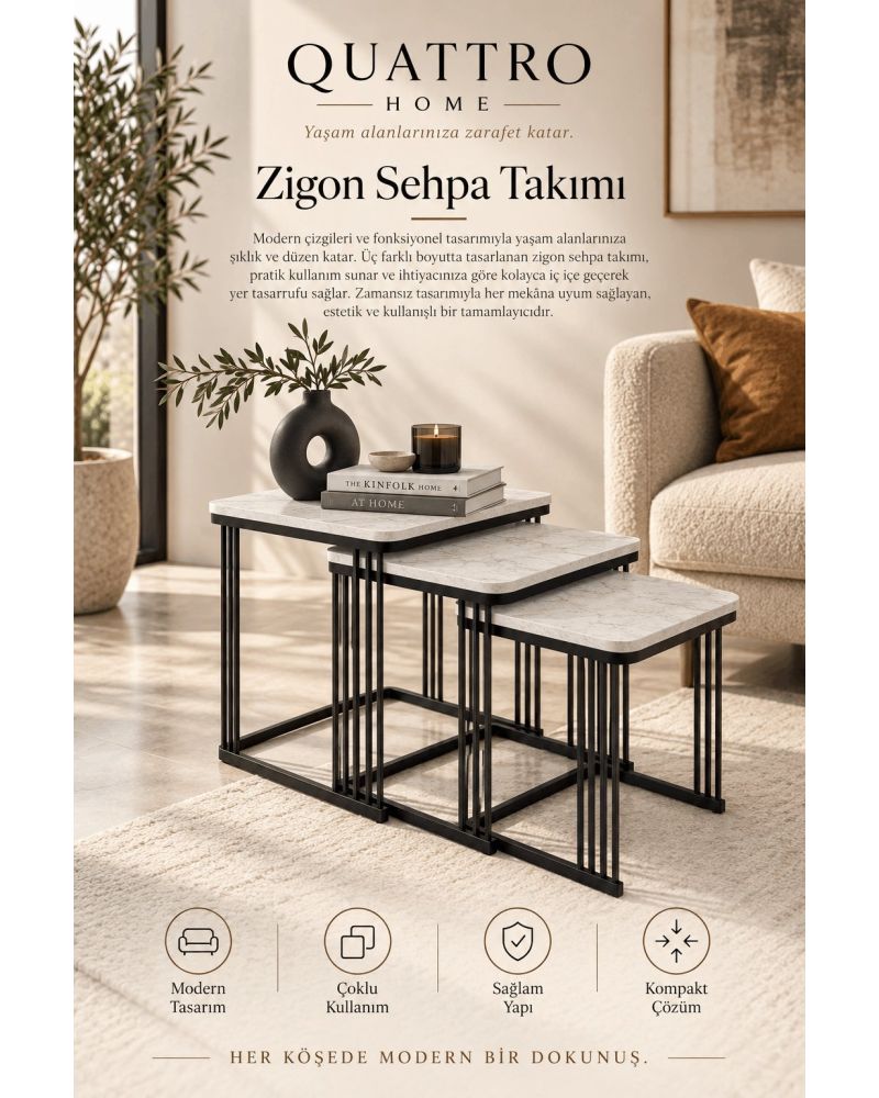 Beyaz Mermer Desenli 3'lü Kare Zigon Sehpa Seti