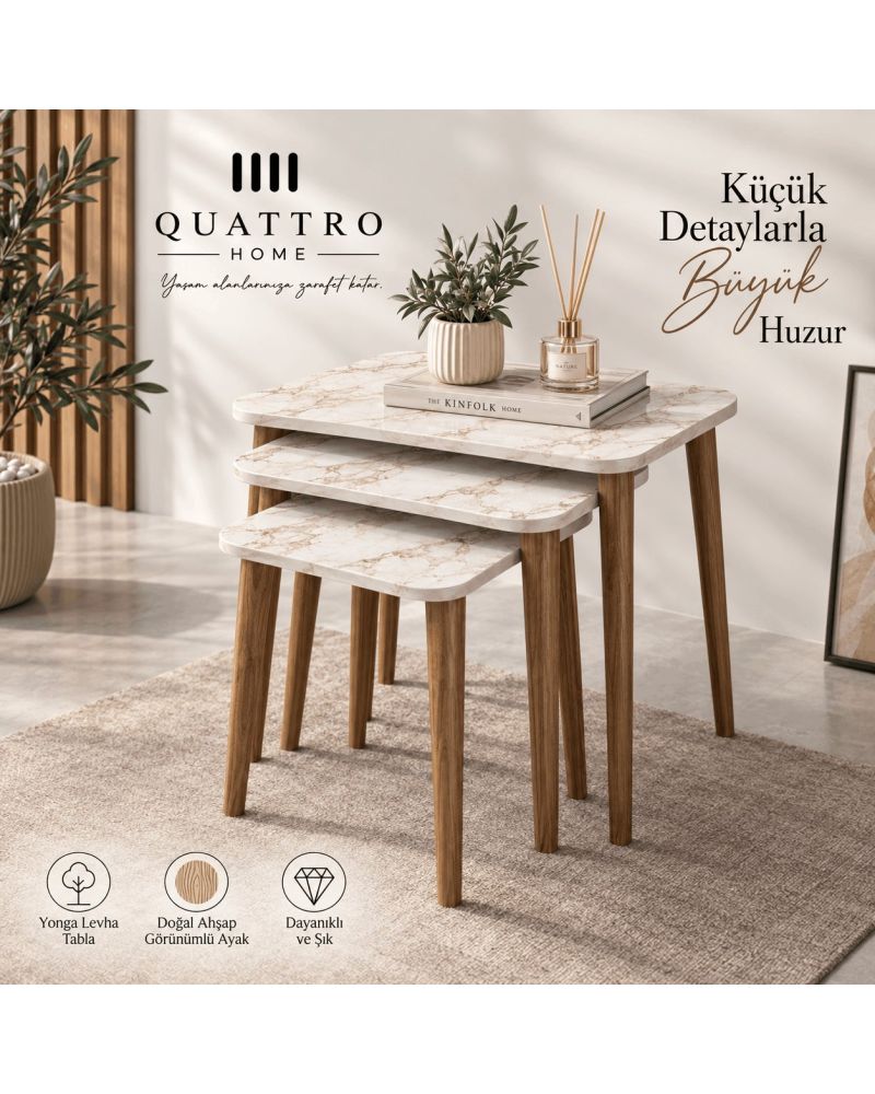 Beyaz 3'lü Zigon Sehpa Takımı Masif Ahşap Ayaklı
