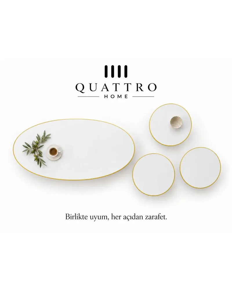 4'lü Oval Sehpa ve Zigon Sehpa Kombin Seti Beyaz Gold