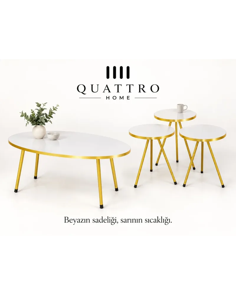 4'lü Oval Sehpa ve Zigon Sehpa Kombin Seti Beyaz Gold