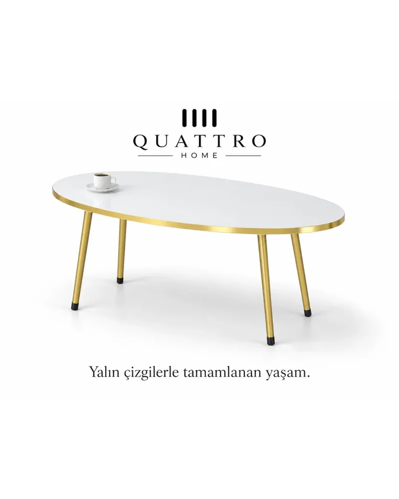 4'lü Oval Sehpa ve Zigon Sehpa Kombin Seti Beyaz Gold