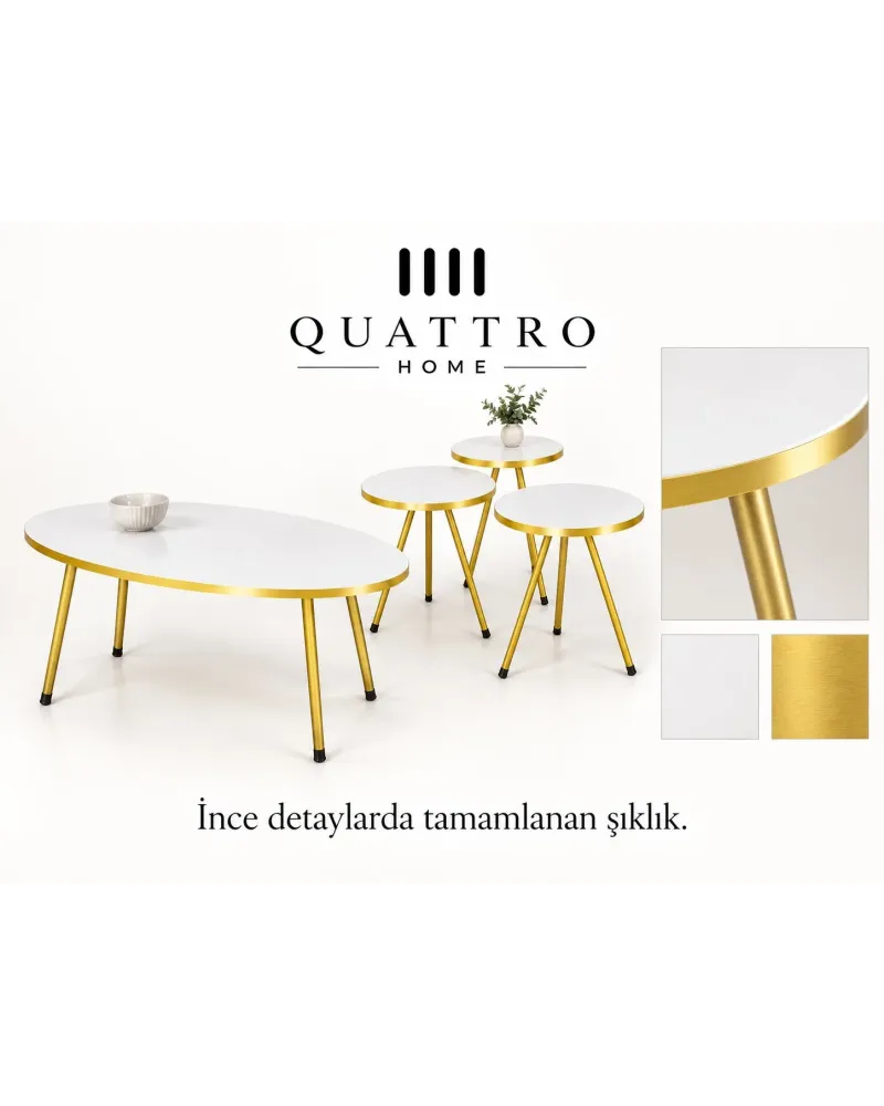 4'lü Oval Sehpa ve Zigon Sehpa Kombin Seti Beyaz Gold