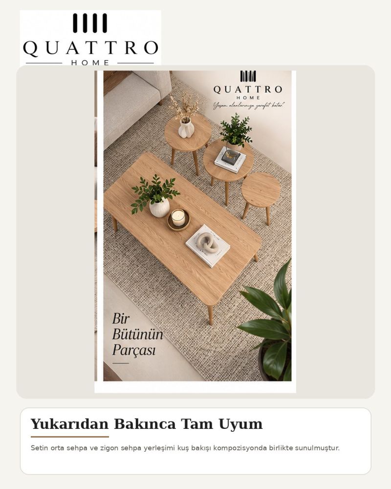 Torna Ayaklı Ceviz Desenli 4'lü Sehpa Seti