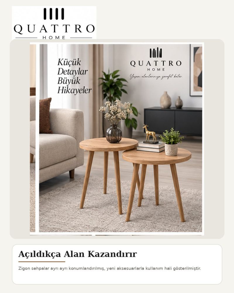 Torna Ayaklı Ceviz Desenli 4'lü Sehpa Seti