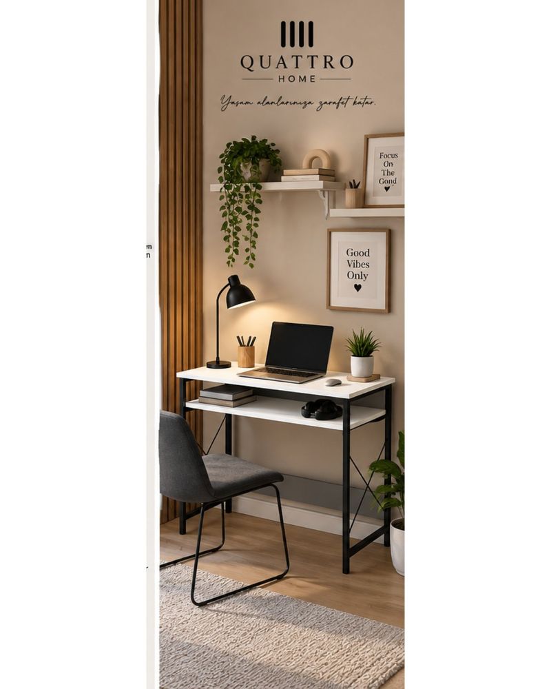 Raflı Beyaz Çalışma Masası 120 cm