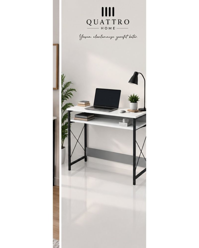 Raflı Beyaz Çalışma Masası 120 cm
