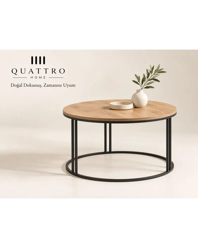 Ceviz Desenli Yuvarlak Orta Sehpa Siyah Metal Ayaklı 70 cm