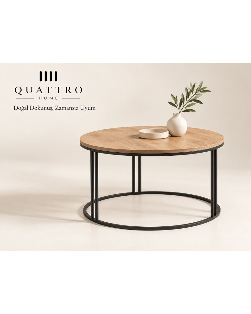 Ceviz Desenli Yuvarlak Orta Sehpa Siyah Metal Ayaklı 70 cm
