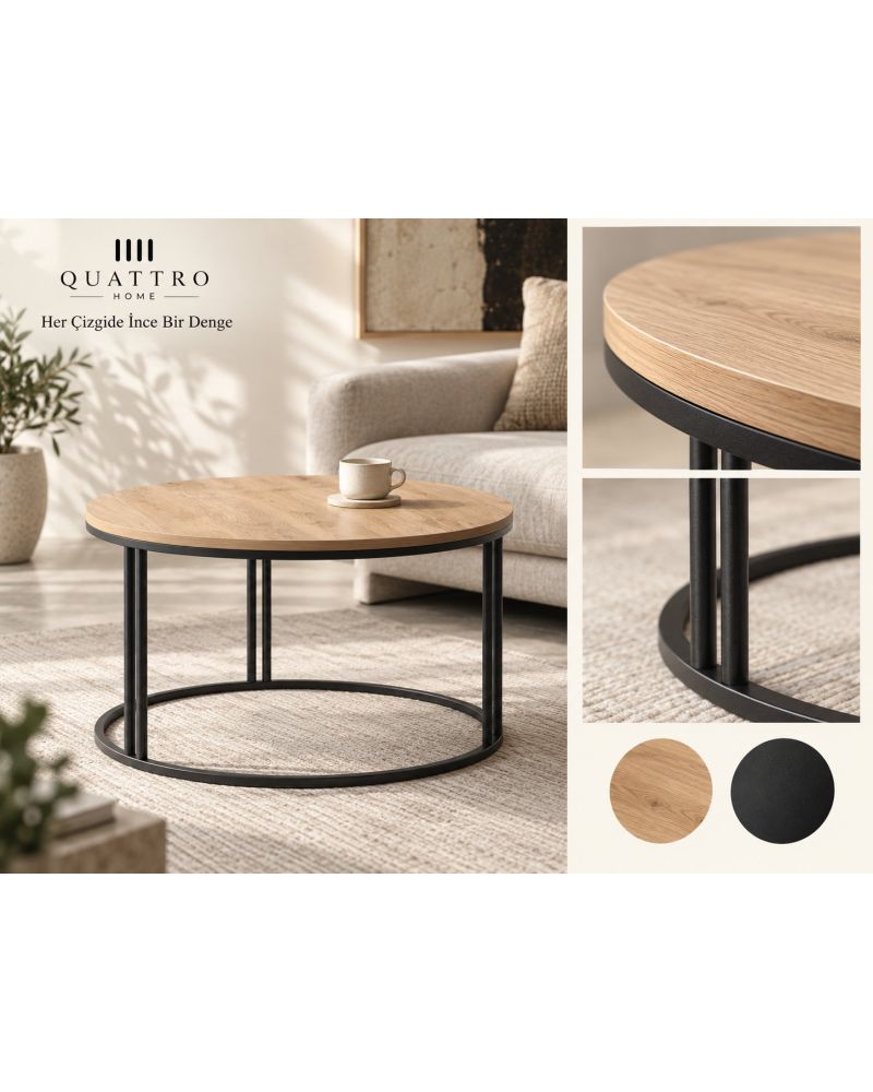 Ceviz Desenli Yuvarlak Orta Sehpa Siyah Metal Ayaklı 70 cm