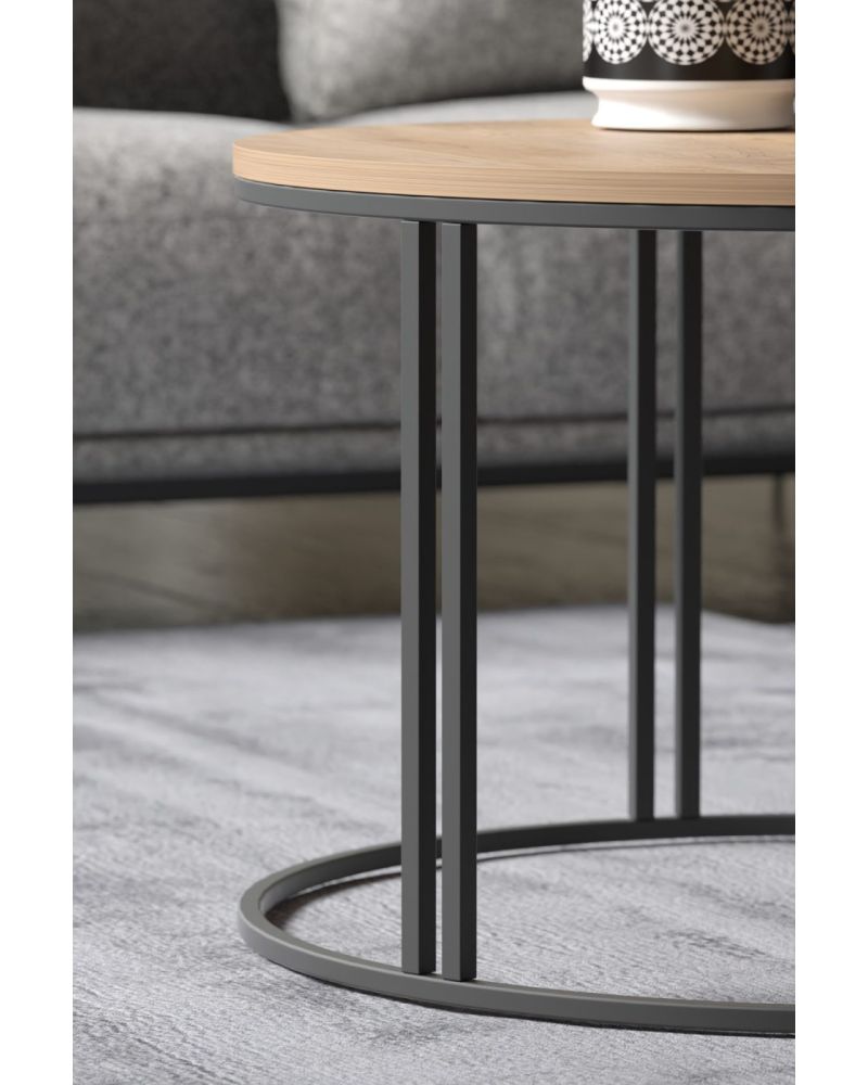 Ceviz Desenli Yuvarlak Orta Sehpa Siyah Metal Ayaklı 70 cm