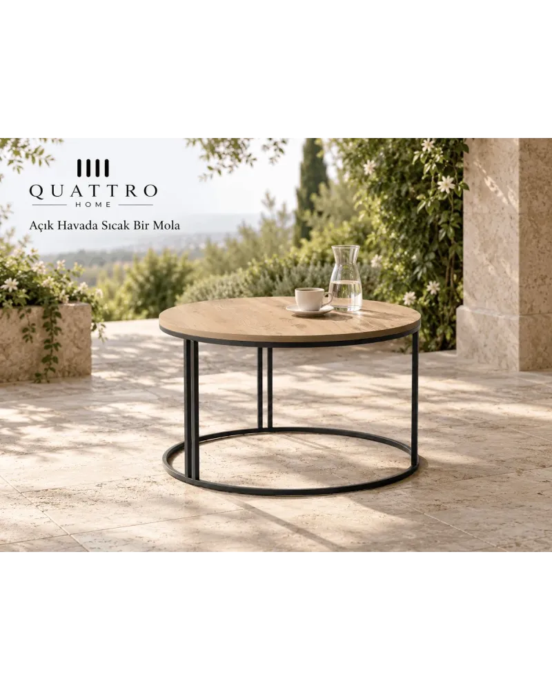 Ceviz Desenli Yuvarlak Orta Sehpa Siyah Metal Ayaklı 70 cm