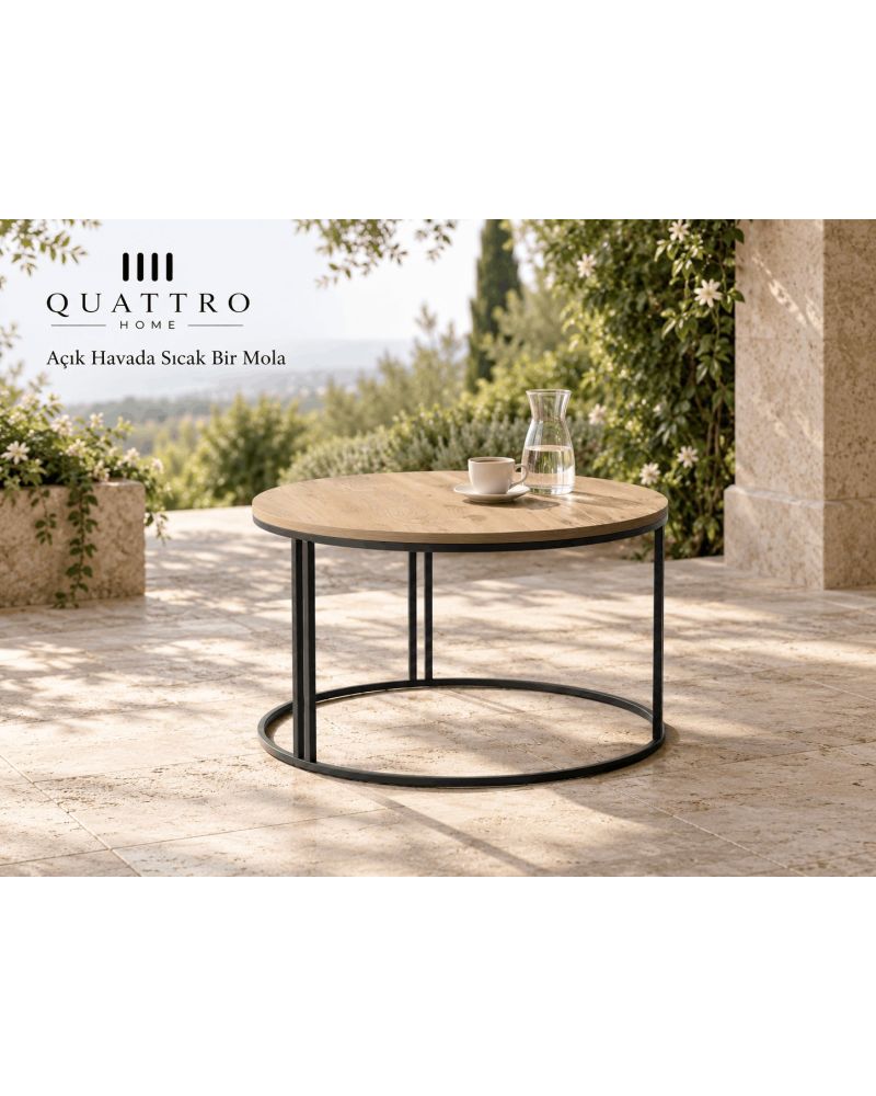Ceviz Desenli Yuvarlak Orta Sehpa Siyah Metal Ayaklı 70 cm