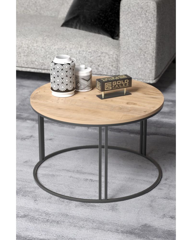 Ceviz Desenli Yuvarlak Orta Sehpa Siyah Metal Ayaklı 70 cm