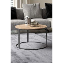 Ceviz Desenli Yuvarlak Orta Sehpa Siyah Metal Ayaklı 70 cm