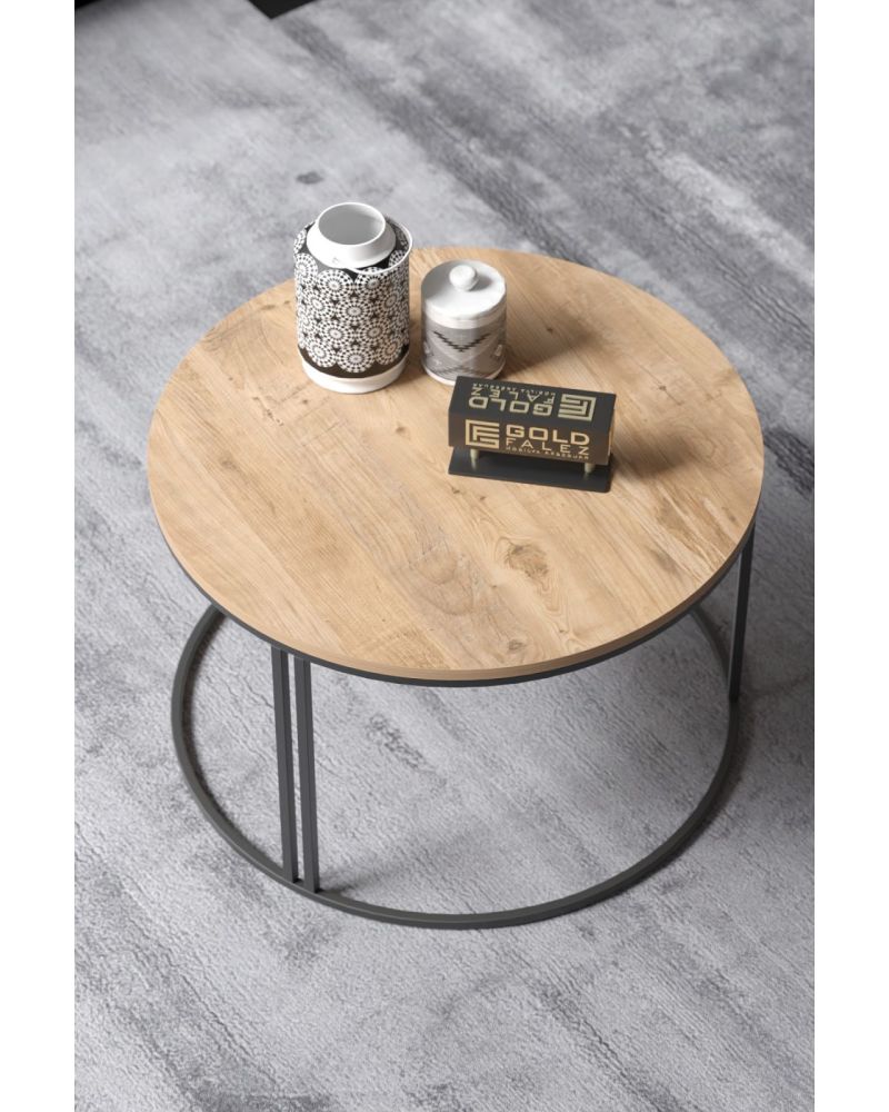 Ceviz Desenli Yuvarlak Orta Sehpa Siyah Metal Ayaklı 70 cm