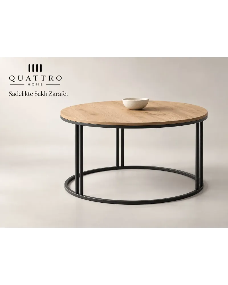 Ceviz Desenli Yuvarlak Orta Sehpa Siyah Metal Ayaklı 70 cm