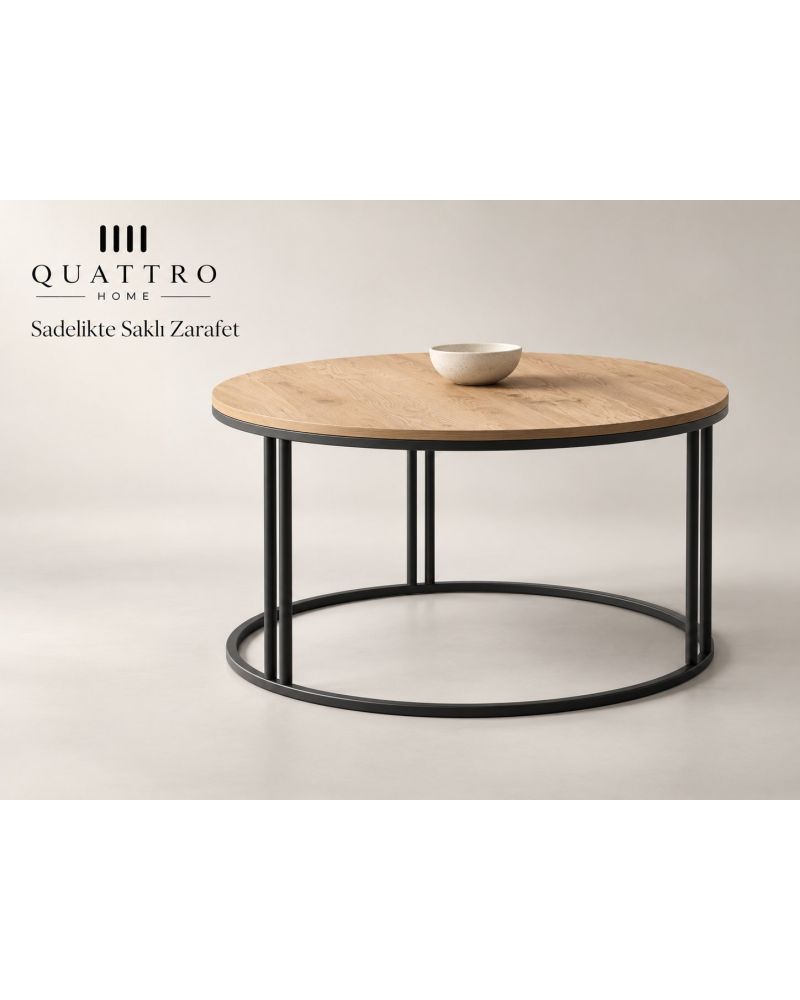 Ceviz Desenli Yuvarlak Orta Sehpa Siyah Metal Ayaklı 70 cm