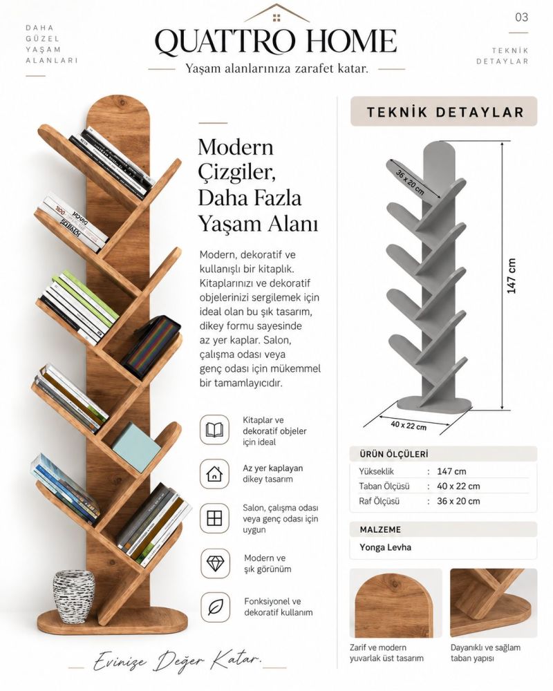 10 Raflı Ceviz Desenli Çok Amaçlı Kitaplık