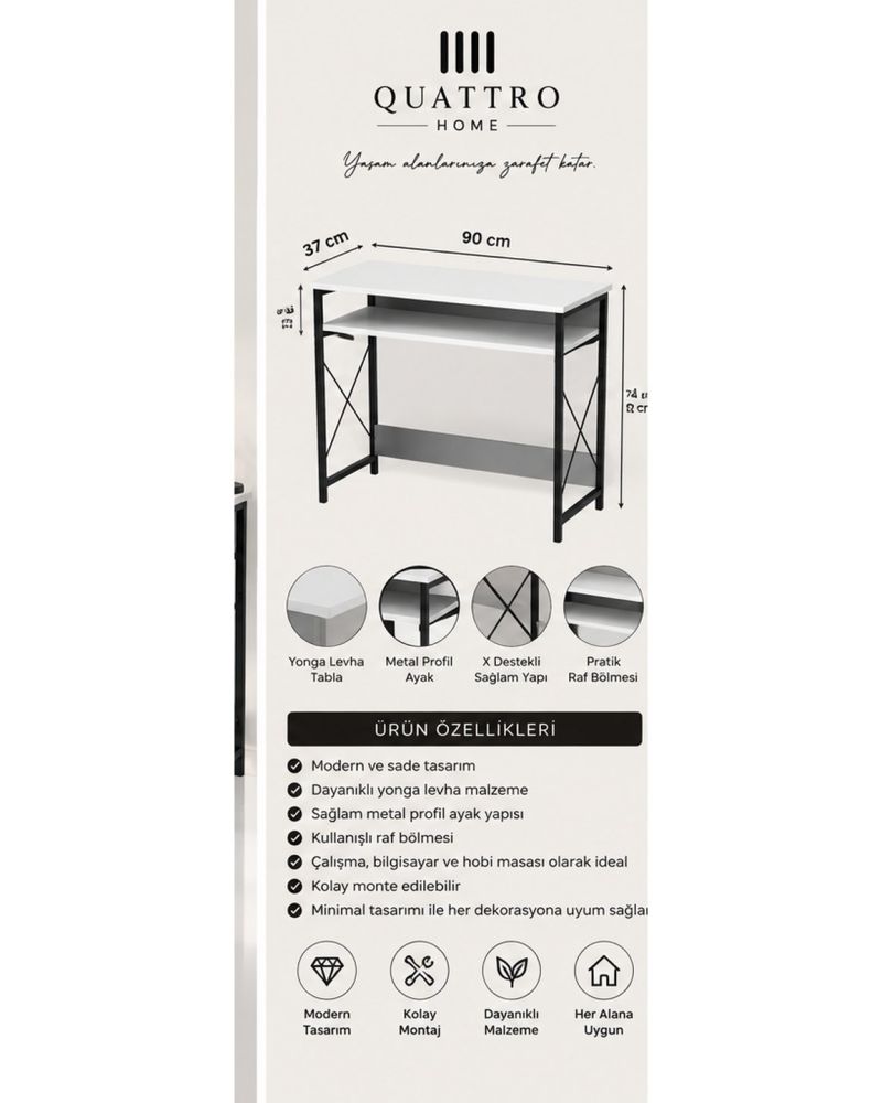 Beyaz Çalışma Masası ve Bilgisayar Masası 90 cm