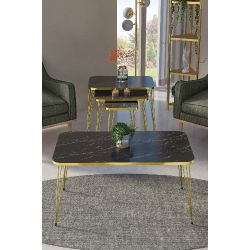 Ceviz Desenli Gold Metal Ayaklı 4'lü Sehpa Seti