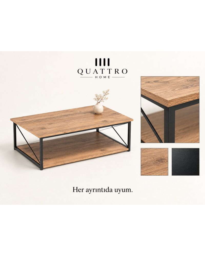 Ceviz Desenli Çift Raflı Orta Sehpa 90x50 cm