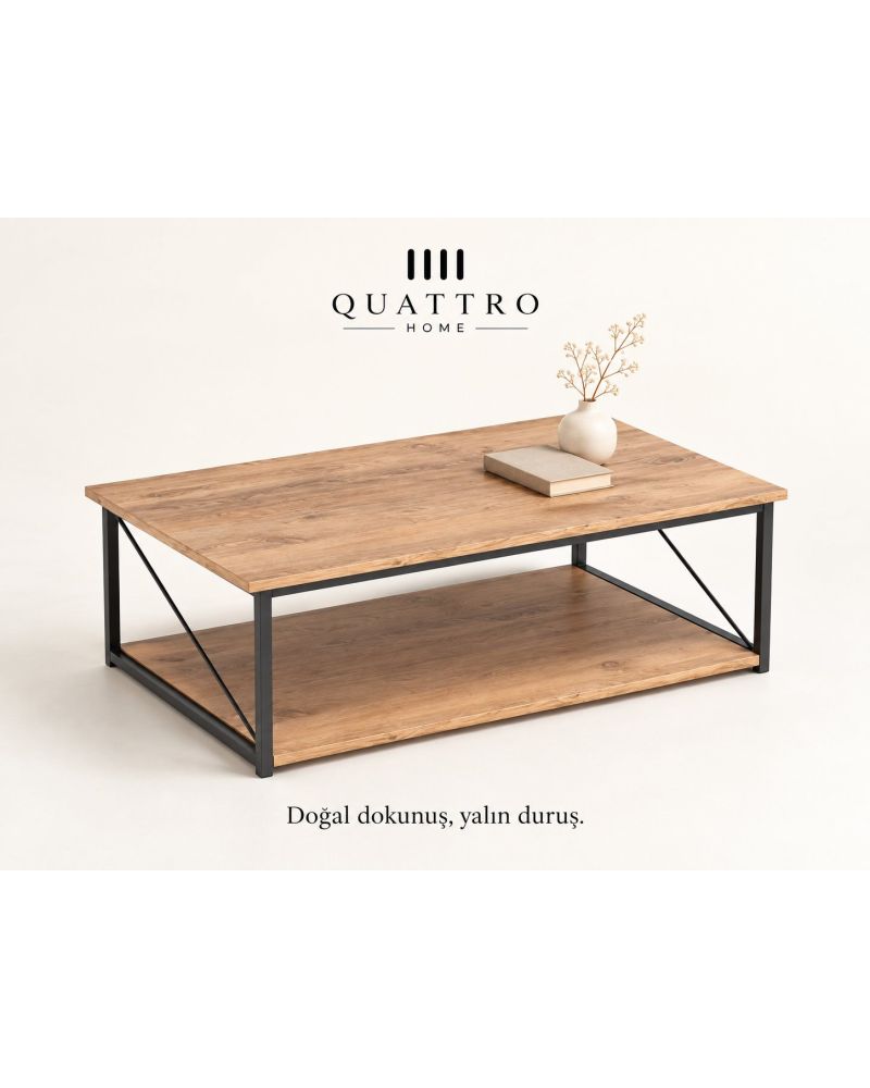 Ceviz Desenli Çift Raflı Orta Sehpa 90x50 cm