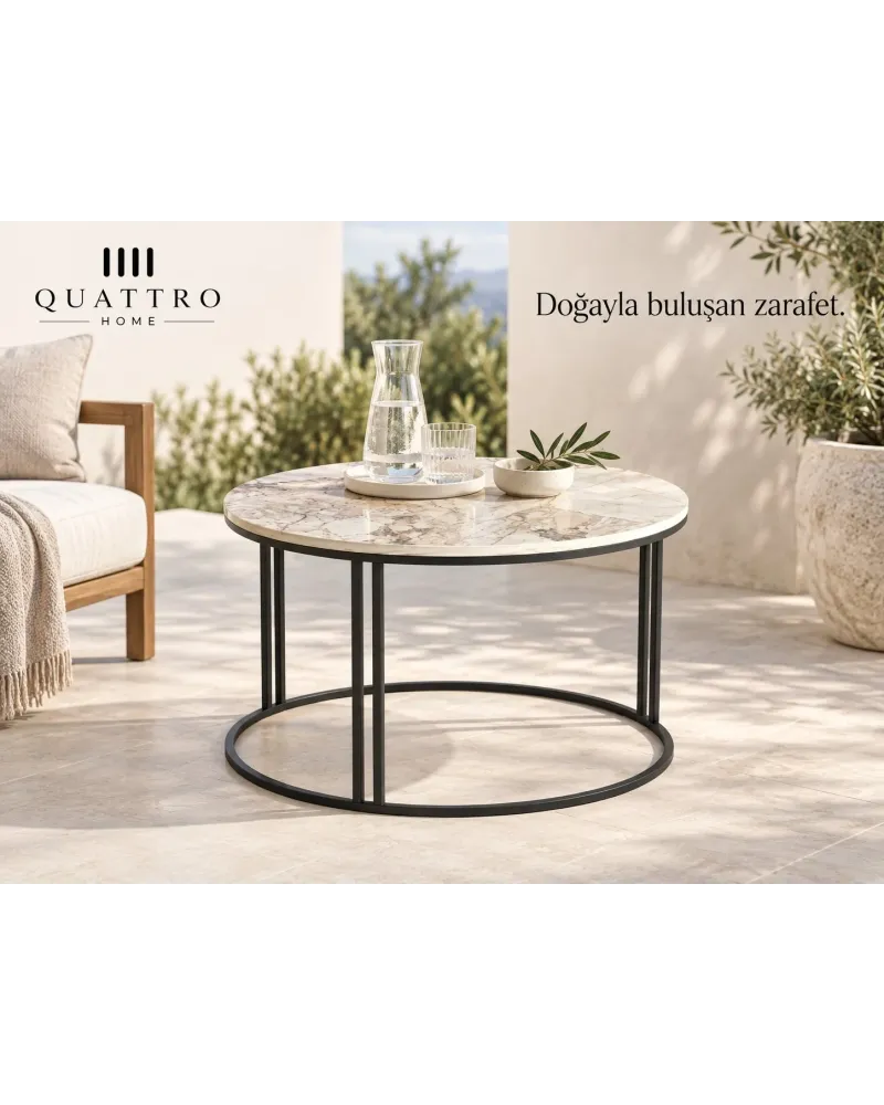 Efes Beyaz Mermer Desenli Yuvarlak Orta Sehpa 70 cm