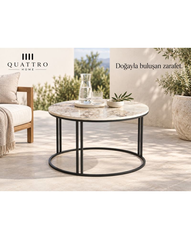 Efes Beyaz Mermer Desenli Yuvarlak Orta Sehpa 70 cm