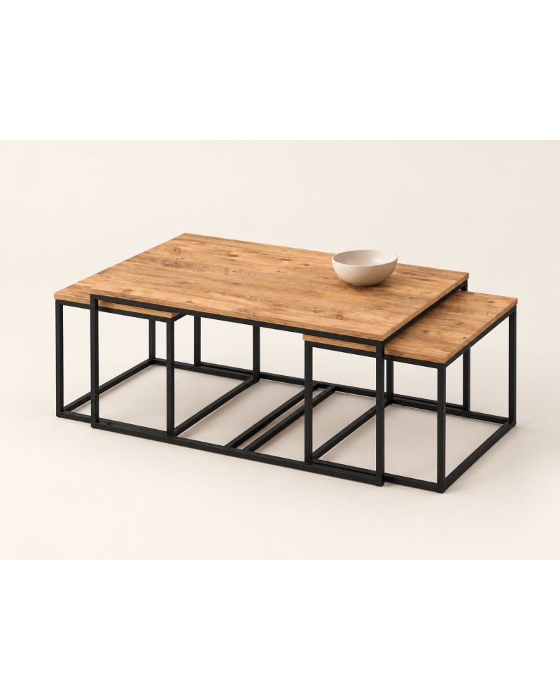 Kahverengi Ahşap Desenli 4'lü Orta ve Zigon Sehpa Seti