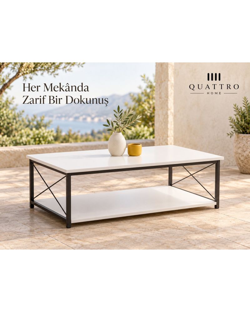 Beyaz Dikdörtgen Orta Sehpa 90x50 cm Çift Raflı
