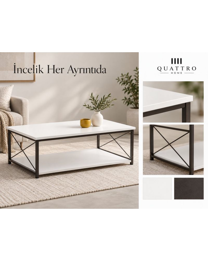 Beyaz Dikdörtgen Orta Sehpa 90x50 cm Çift Raflı