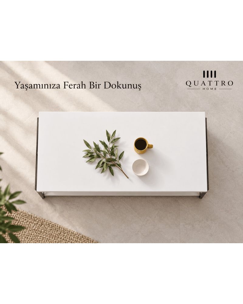 Beyaz Dikdörtgen Orta Sehpa 90x50 cm Çift Raflı