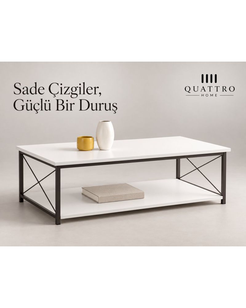 Beyaz Dikdörtgen Orta Sehpa 90x50 cm Çift Raflı