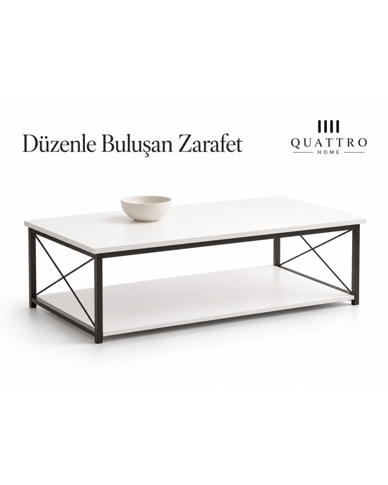 Beyaz Dikdörtgen Orta Sehpa 90x50 cm Çift Raflı
