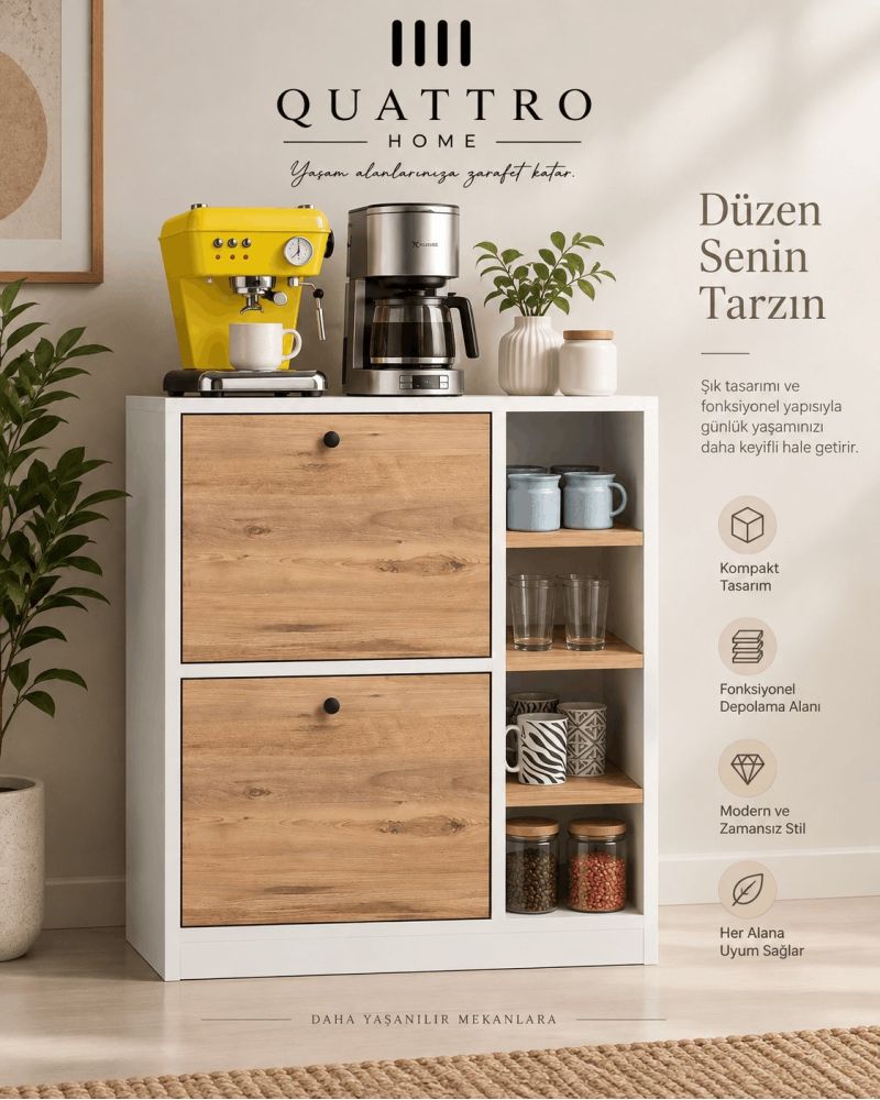 Atlantik Çam Desenli Kahve Köşesi Dolabı ve Mutfak Standı