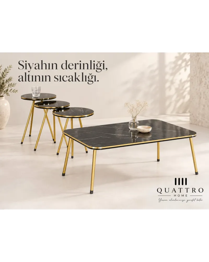 Siyah ve Gold Metal Ayaklı 4'lü Sehpa Seti