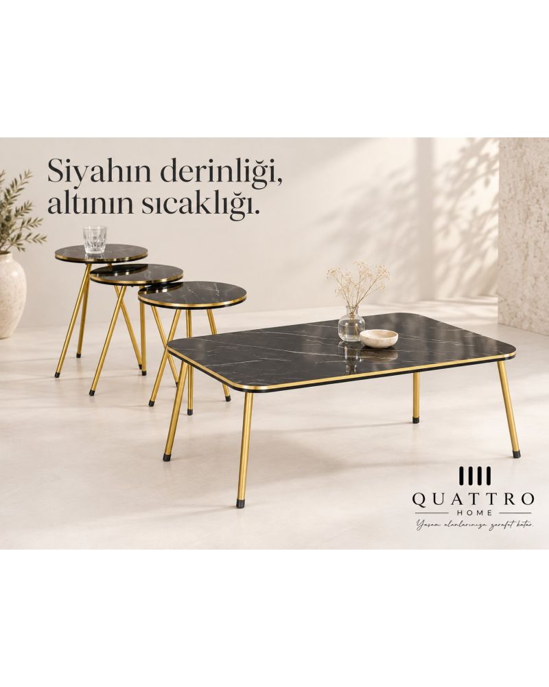 Siyah ve Gold Metal Ayaklı 4'lü Sehpa Seti