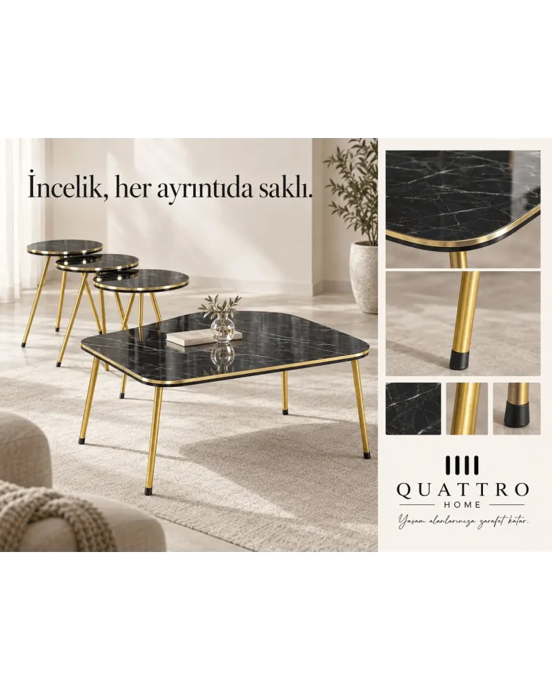 Siyah ve Gold Metal Ayaklı 4'lü Sehpa Seti